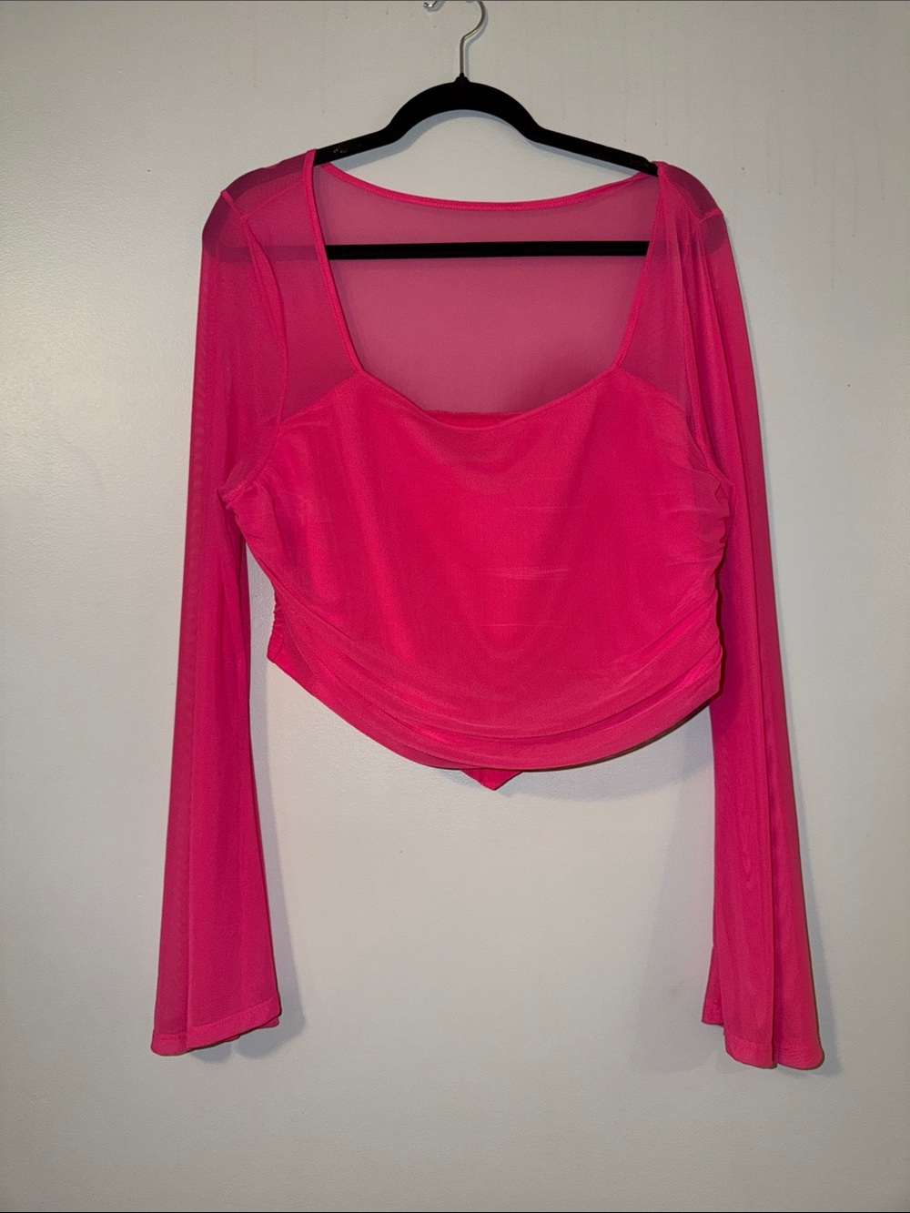 Hot Pink Mesh Long-Sleeve Crop Top